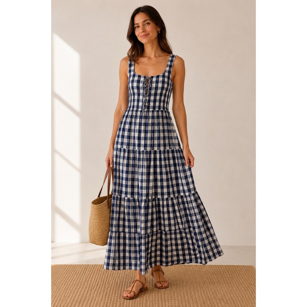 Who What Wear Gingham Maxi Dress Womens Small Navy Blue Tiered Lace Up Smocked
